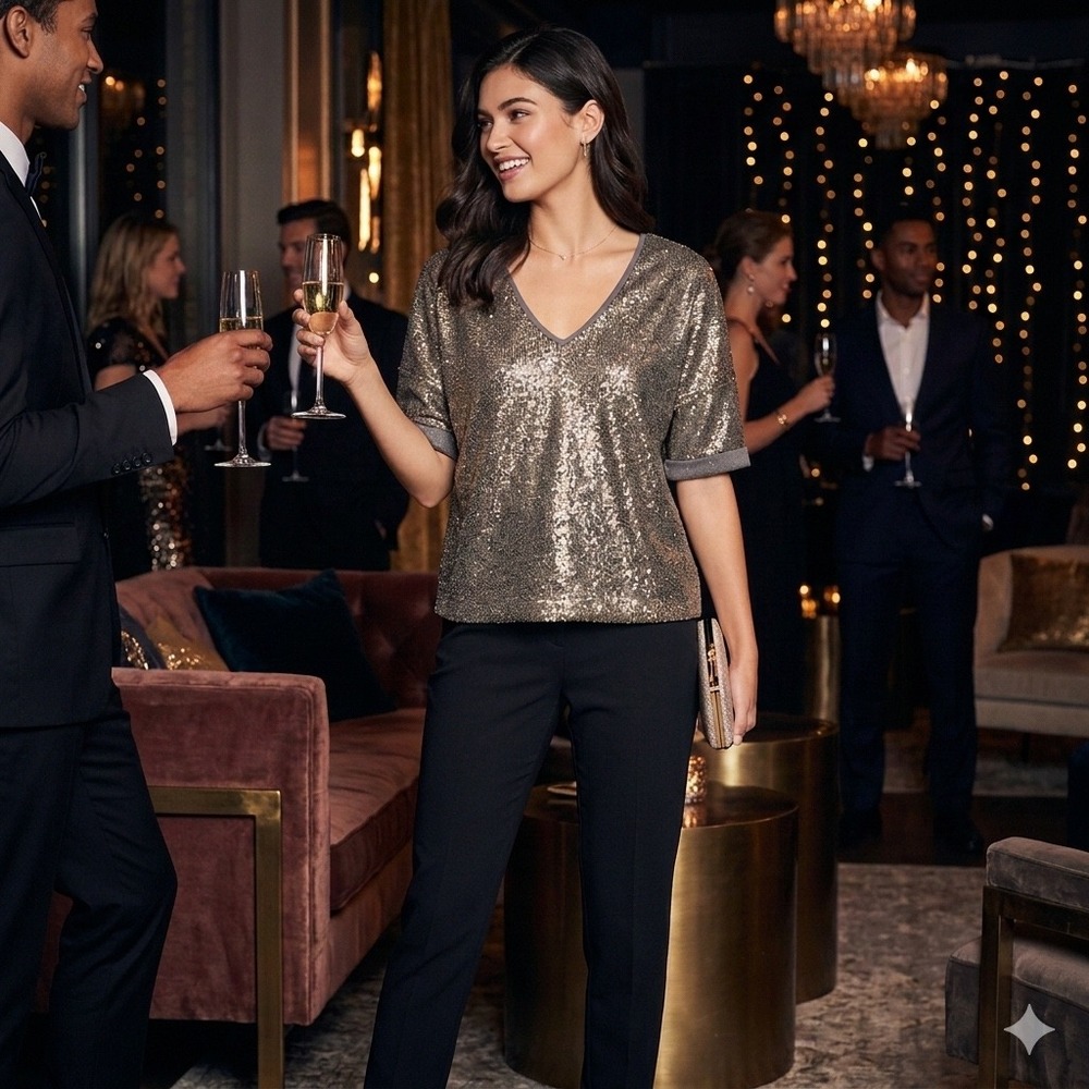 Anthropologie Deletta Dark Gold Sequin V-Neck Short Sleeve Cuffed Top‎ Blouse M